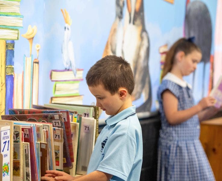 A student selecting a book from a library bookshelf and another student in the background.