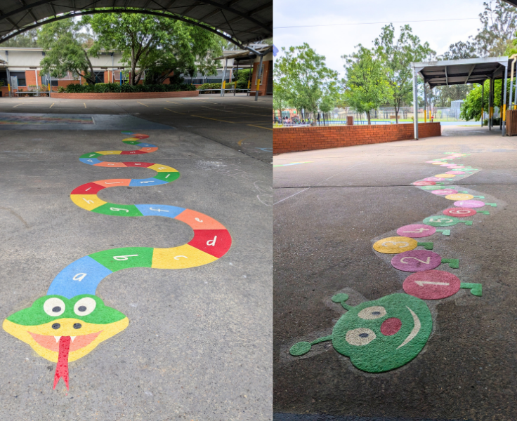 2 paintings of animated snakes on the ground. One with numbers and one with ABC's