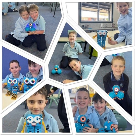 A collage of students with robot models they have made